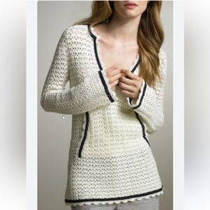 Tory Burch Crochet Cream Knit Sweater with Navy Trim Size M